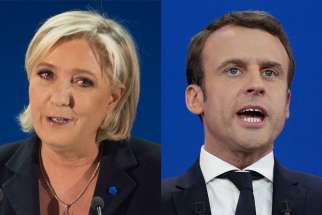 Marine Le Pen, left, and Emmanuel Macron, the two candidates who captured the most votes in the first round of France&#039;s presidential election, will face off against each other May 7.