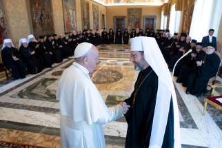 Pope Francis greets Archbishop Sviatoslav Shevchuk of Kyiv-Halych, head of the Ukrainian Catholic Church, at the Vatican Sept. 2, 2019. The 47 bishops from Ukrainian dioceses in Ukraine and 10 other nations, including the United States, Canada and Australia, met the pope during their synod in Rome.
