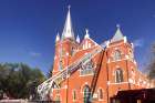 Firefighters respond to an Aug. 30 fire at Sacred Heart Church of the First Peoples in Edmonton. No one was injured in the blaze and the cause is under investigation.