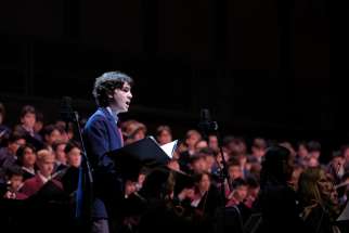 Grade 12 soloist Sebastian DeRe performs at this year’s St. Michael’s Choir School Christmas Concert at Toronto’s venerable Massey Hall.