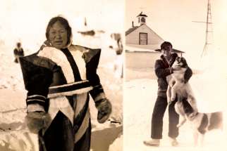 A French-speaking Oblate in the mid-1900s and Fr. Raymond de Coccola with sled dogs (left). 