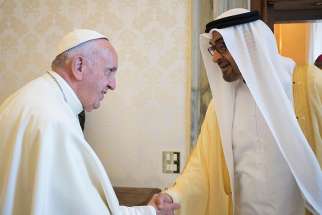 Pope Francis shakes hands with Mohammed bin Zayed bin Sultan Al-Nahyan, crown prince of Abu Dhabi. The Pope will &quot;participate in the International Interfaith Meeting on &#039;Human Fraternity&#039;&quot; after receiving an invitation by the crown prince.