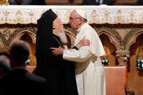 Pope Francis and Ecumenical Patriarch Bartholomew of Constantinople at  Assisi, Italy, Sept. 20. Texts by Pope Francis and retired Pope Benedict were published in anticipation of the 25th anniversary of Patriarch Bartholomew&#039;s election.