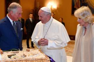 Pope Francis talks with Britain&#039;s Prince Charles and his wife, Camilla, Duchess of Cornwall, during a private audience April 4 at the Vatican.