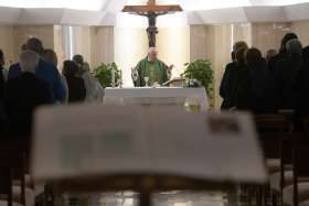 Pope Francis celebrates morning Mass in the chapel of his residence, the Domus Sanctae Marthae, at the Vatican Nov. 5, 2019.