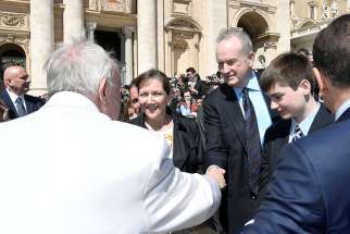 Fox News Channel host Bill O&#039;Reilly, right, shakes hands with Pope Francis during the Wednesday general audience in St. Peter&#039;s Square at the Vatican, on April 19.