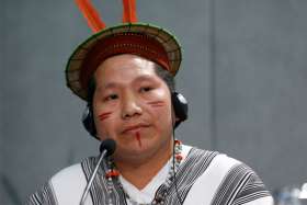 Delio Siticonatzi Camaiteri, a member of the Ashaninca indigenous people in Peru, attends a news conference after a session of the Synod of Bishops for the Amazon at the Vatican Oct. 24, 2019.