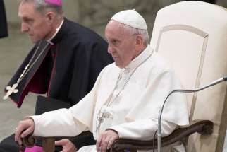 Pope Francis leads an audience with Huntington&#039;s disease patients at the Vatican May 18.