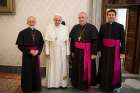  Pope Francis poses for a photo with representatives of the Canadian Conference of Catholic Bishops during a meeting at the Vatican Dec. 6. From left are Bishop Lionel Gendron of Saint-Jean-Longueuil, Quebec, CCCB president; Pope Francis; Archbishop Richard Gagnon of Winnipeg, Manitoba, CCCB vice president; and Msgr. Frank Leo Jr., general secretary of the conference.