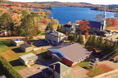 An aerial shot of Our Lady Seat of Wisdom College’s campus and surrounding area. The college is located at 18 Karol Woytyla Square in Barry’s Bay, Ont.