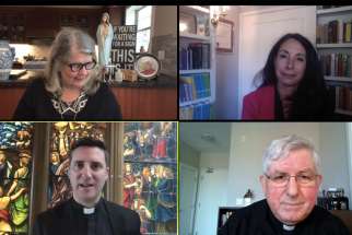 A screenshot from the virtual RiseUp conference features, clockwise from top left, Dorothy Pilarski, Dr. Josephine Lombardi, Cardinal Thomas Collins and Fr. Ed Curtis of St. Michael’s Cathedral-Basilica.