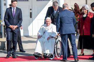 Pope Francis attends a welcoming ceremony with Canadian Prime Minister Justin Trudeau and Mary Simon, governor general of Canada, at Citadelle de Quebec, the residence of the governor general, in Quebec City July 27, 2022.