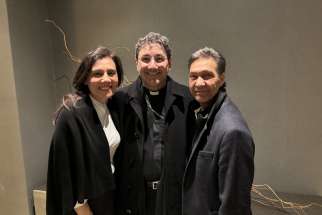 Cardinal of Toronto Francis Leo (middle)&#039;s friendship with Connie Maiorino (left) dates back to high school, and her husband Johnny has also become a cherished decades-long friend as well. They are pictured in the lobby of the Hotel Giustiniano in Rome on Dec. 6.