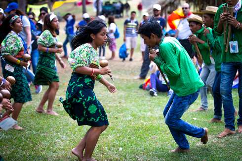 Indigenous World Youth Day pilgrims do a traditional dance during an opening-day performance in a Panama City park Jan. 22, 2019. 