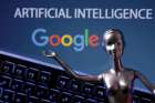 The Google logo and AI Artificial Intelligence words are seen in this illustration. 