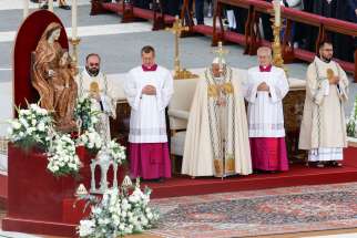 Pope Francis presides over Mass for the canonization of 14 new saints on World Mission Sunday in St. Peter&#039;s Square at the Vatican Oct. 20, 2024.