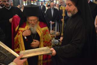 Ecumenical Patriarch Bartholomew of Constantinople prays before a reliquary containing bone shards that are believed to belong to St. Peter June 30, 2019, in Istanbul, Turkey. Pope Francis gave the reliquary, commissioned by St. Paul VI, to the patriarch.