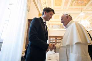 Pope Francis meets Canadian Prime Minister Justin Trudeau during a private audience in 2017 at the Vatican.