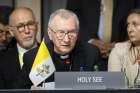 Cardinal Pietro Parolin, Vatican secretary of state, speaks during a summit on peace in Ukraine held in Stansstad, Switzerland, June 16, 2024.