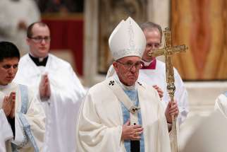 Pope Francis walks in procession at the conclusion of Mass marking the feast of Mary, Mother of God, in St. Peter&#039;s Basilica at the Vatican Jan. 1, 2016.