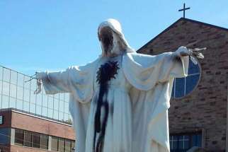 Sacred Heart of Jesus statue outside Mississauga was desecrated in Ont.’s St. Catherine of Siena Church in 2015, investigated by the police as a hate crime.