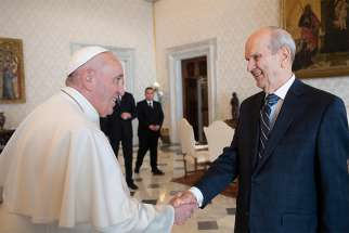 Pope Francis meets March 9, 2019, at the Vatican with Russell M. Nelson, president of the Church of Jesus Christ of Latter-day Saints. 