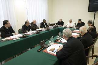 Pope Francis meets with the members of his renewed Council of Cardinals at the Vatican April 24, 2023. Pictured, clockwise from the left, are: Cardinals Gérald C. Lacroix of Québec; Juan José Omella Omella of Barcelona; Seán P. O&#039;Malley of Boston; Fridolin Ambongo Besungu of Kinshasa, Congo; and Pietro Parolin, Vatican secretary of state. Continuing, to the right of the pope are: Bishop Marco Mellino, council secretary; and Cardinals Sérgio da Rocha of São Salvador da Bahia, Brazil; Oswald Gracias of Mumbai, India; Fernando Vérgez Alzaga, president of the commission governing Vatican City State; and Jean-Claude Hollerich of Luxembourg.