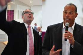 Kevin Reilly, left, a former NFL player whose arm and shoulder were amputated, and Darrell Miller, a former major league baseball player and director of the league&#039;s Urban Youth Academy, speaks at a Catholic Men of Faith Conference March 7 at St. Philip Church in Franklin, Tenn.