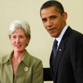 U.S. President Barack Obama and secretary of Health and Human Services Kathleen Sebelius.