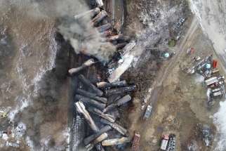 Drone footage taken Feb. 6, 2023, shows a freight train derailment in East Palestine, Ohio. Some 50 cars from the train derailed the evening of Feb. 3 near the Pennsylvania border. No injuries were reported following the crash, which sparked a massive fire that continued to burn Feb. 4.