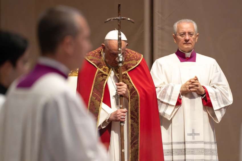 Pope Francis prays during a memorial Mass for deceased cardinals and bishops in this file photo from Nov. 4, 2024. According to Fides, the news agency of the Pontifical Mission Societies, eight priests and five laymen were killed around the world in 2024.