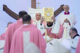 Concelebrants process before Pope Francis at the beginning of Mass on Gaudete Sunday in Austerlitz Square in Ajaccio, France, Dec. 15, 2024.