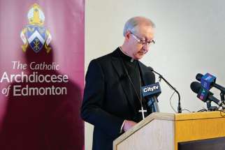 Archbishop Richard Smith speaks to reporters about the updated CCCB abuse prevention guidelines. 