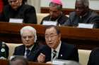 U.N. Secretary-General Ban Ki-moon addresses an April 28 summit on the moral dimensions of climate change and its impact on the poor. Also pictured is Italy&#039;s President Sergio Mattarella, lower left. 