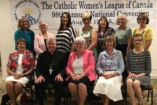 The executive of the Catholic Women&#039;s League at the annual national convention in Winnipeg. Outgoing national president Margaret Ann Jacobs is in the centre; on her left is Calgary Bishop William McGrattan, the CWL&#039;s spiritual advisor; on his left is past president Barbara Dowding. On Jacobs&#039; right is incoming national president, Anne Gorman.