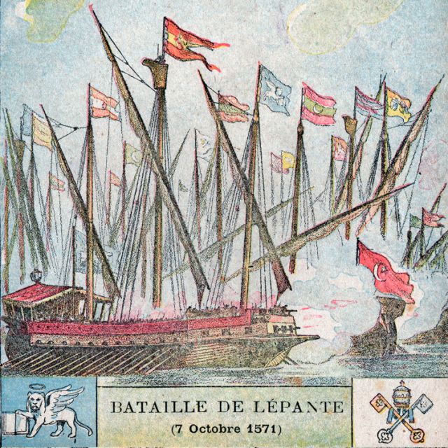 The 1571 Battle of Lepanto between the fleet of the Holy League -- a coalition that included the Papal States -- and the Ottoman Empire is depicted in an early 20th-century illustration. Historians believe the pontifical navy was established in the 10th century by Pope John VIII. Two symbols appear at the bottom of the illustration. The left one is associated with St. Mark the Evangelist and the right, the Vatican coat of arms.