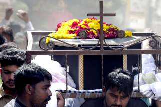 People carry a coffin March 28 after the previous day&#039;s suicide bomb attack at a park in Lahore, Pakistan. Observers say the terrorist attack that killed more than 70 people in a Lahore park on Easter was not the first time that Christians in the Islamic country have been targeted.