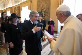 Pope Francis greets guests during an audience at the Vatican Feb. 28, 2019. The audience was with participants marking the 50th anniversary of the death of German Cardinal Agostino Bea, whom the pope called &quot;a model and source of inspiration for ecumenical and intereligous dialogue.&quot; 