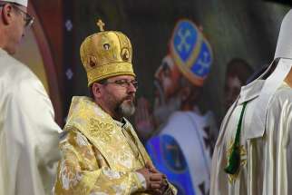 Major Archbishop Sviatoslav Shevchuk of Kiev-Halych, Ukraine, who is head of the Ukrainian Catholic Church, concelebrates Mass Aug. 8 during the 136th Supreme Convention of the Knights of Columbus in Baltimore.