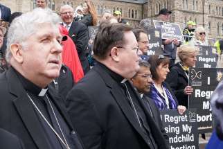 Toronto Cardinal Thomas Collins and Quebec City Cardinal Gerald Cyprien Lacroix are seen during the March for Life in Ottawa, Ontario, March 10. 