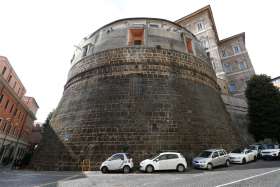 The tower of the Institute for Works of Religion, often referred to as the Vatican bank, is pictured.