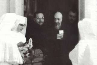 A undated photo of nuns visiting Padre Pio at the monastery of Our Lady of Grace in San Giovanni Rotondo. 