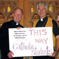 Following their talk called Tale of 2 Bishops, Bishops Gary Gordon (left), diocese of Whitehorse, and Murray Chatlain, diocese of MacKenzie-Fort Smith, pose outside of St. Michael’s Parish Hall.