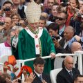 ope Benedict XVI greets the crowd after celebrating the opening Mass of the Synod of Bishops on the new evangelization in St. Peter&#039;s Square at the Vatican Oct. 7.