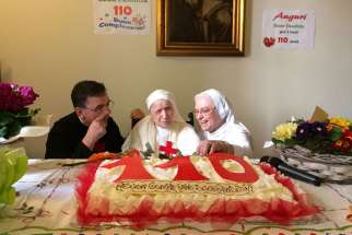 Sister Candida Bellotti, center, at the celebration in Italy for her 110th birthday on Feb. 20, 2017.