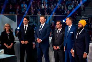 The leaders of Canada&#039;s federal parties at the national English language debate on Oct 8, 2019.