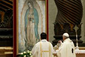 Pope Francis uses incense as he venerates an image of Our Lady of Guadalupe during a Mass marking her feast day in St. Peter&#039;s Basilica at the Vatican Dec. 12, 2019. In attendance were U.S. bishops from Illinois, Indiana, and Wisconsin making their &quot;ad limina&quot; visits to the Vatican.