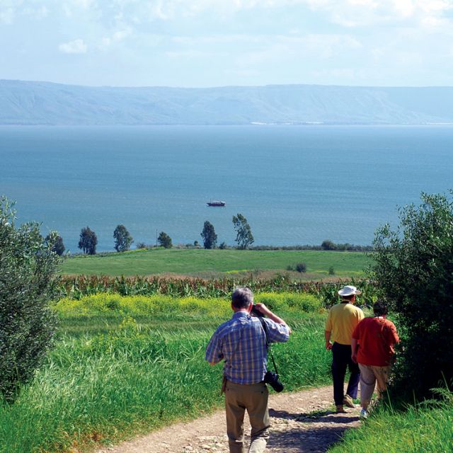 Overlooking the Sea of Galilee, the Gospel Trail leads down the hill to the town of Capernaum.
