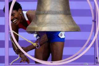 Marileidy Paulino of the Dominican Republic rings the Olympic bell Aug. 10, 2024, as she celebrates after winning gold and setting a new Olympic record in the women&#039;s 400-meter final during the 2024 Paris Olympics. The bell, specially cast for the Games by France&#039;s Cornille Havard foundry in Normandy, will be placed inside the newly restored Notre Dame Cathedral in Paris during every Mass once the cathedral officially reopens in December.