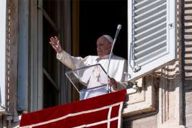 Pope Francis leads the Angelus from the window of his studio overlooking St. Peter&#039;s Square at the Vatican Dec. 29, 2019.